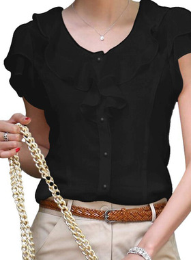 Women's round neck ruffled short sleeved shirt荷叶边短袖衬衫