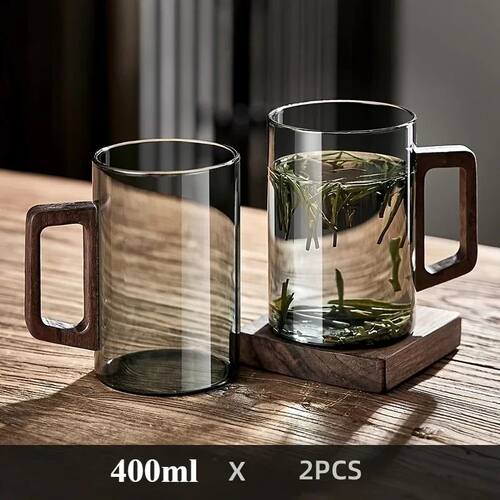 1/2pcs 400ml Glass Cups with Walnut Handle Household Heat-re