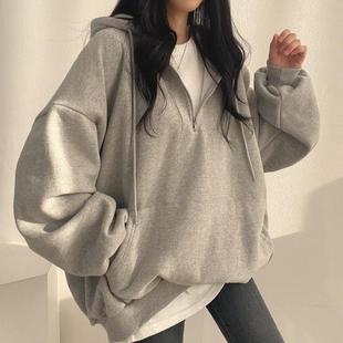 Women Hoodie Harajuku Loose Oversized Solid Color Top Half Z