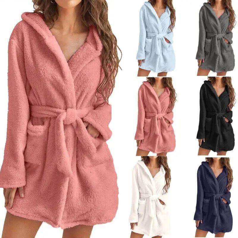 Winter Robe Ldies Dressing Gown Fluffy Bthrobe Hooded Bth