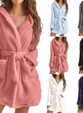 Winter Robe Ldies Dressing Gown Fluffy Bthrobe Hooded Bth