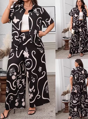 Summer plus size printed shirt pants women suit 胖MM两件套装
