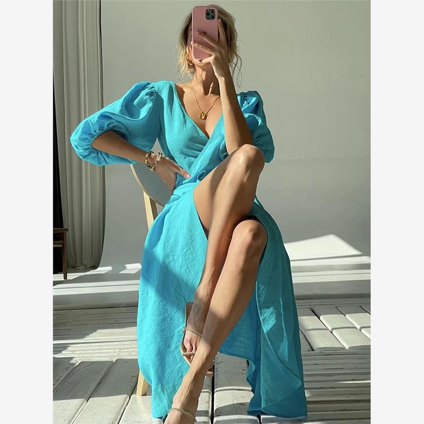 Summer V Neck Long Wrap Dresses Women Elegant Short Puff Sle