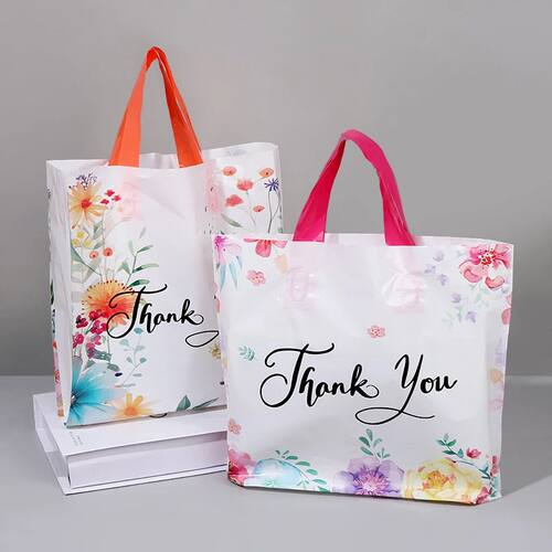 10/20/30Pcs Thank You Gift Bag Floral Design Plastic Tote Ba