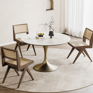 郁金香桌进口岩板圆餐桌现代简约家用小户型圆桌复古风格 餐厅饭桌