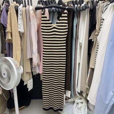 气质V领条纹显瘦针织连衣裙