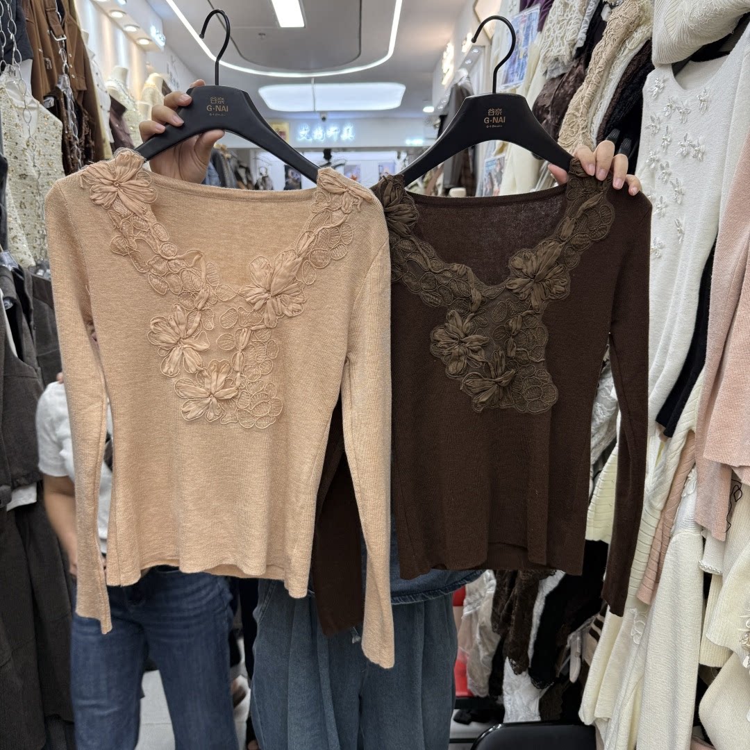 韩版花卉蕾丝拼接针织衫上衣女