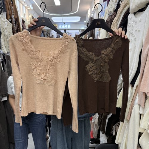 韩版花卉蕾丝拼接针织衫上衣女