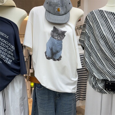 时尚百搭猫咪印花休闲短袖上衣