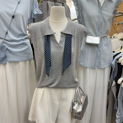 韩版时尚Polo领波点丝巾T恤上衣