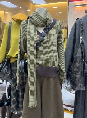 十三行现货2025秋冬新款韩版时尚V领撞色围巾针织毛衣K68613W167