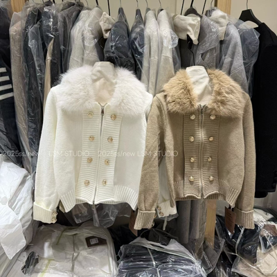 韩版毛毛领小香风拼接针织开衫