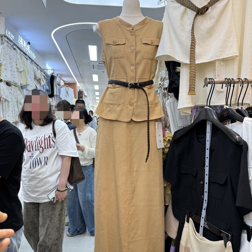 多口袋亚麻无袖马甲直筒半身裙