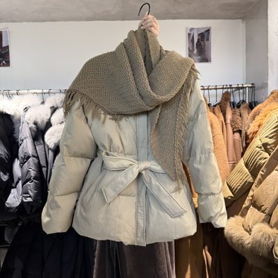 韩版流苏披肩短款收腰羽绒服