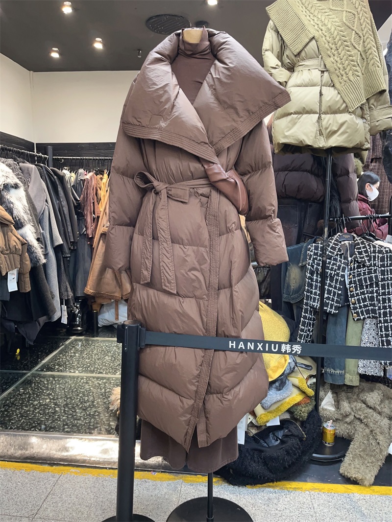 韩秀现货2023秋冬韩版时尚绑带收腰中长款气质羽绒服女K26722W644