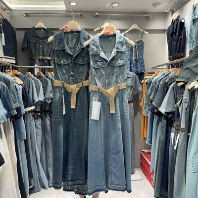 复古气质无袖牛仔翻领连衣裙女