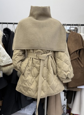 十三行现货2025冬季新款韩系针织披肩菱形格收腰棉服k68685w600