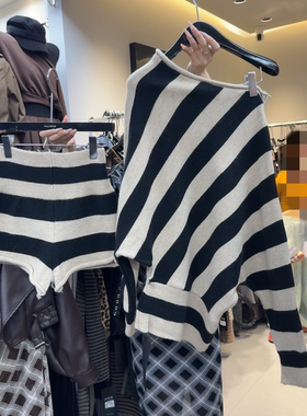 十三行现货2025秋冬新款韩版斜肩长袖针织衫短裤套装K68208W178