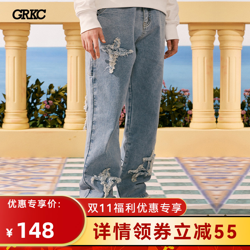 【直播推荐】grkc星星毛须牛仔裤男女直筒宽松阔腿国潮牌情侣长裤