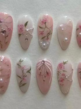 24pcs Short Almond Press on Nails 3D Flower Butterfly Fake N