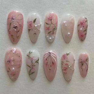 24pcs Short Almond Press on Nails 3D Flower Butterfly Fake N