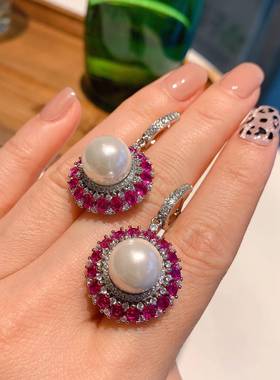 Pearl earrings ring necklace three-piece set珍珠耳环项链戒指