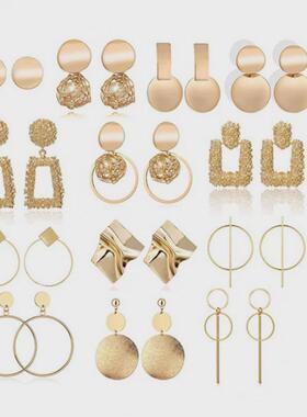 Women Big Geometric Statement Gold Metal Drop Earrings耳环女