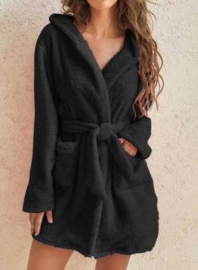 Womens winter warm bathrobe 法兰绒睡袍浴衣珊瑚绒连帽家居服新