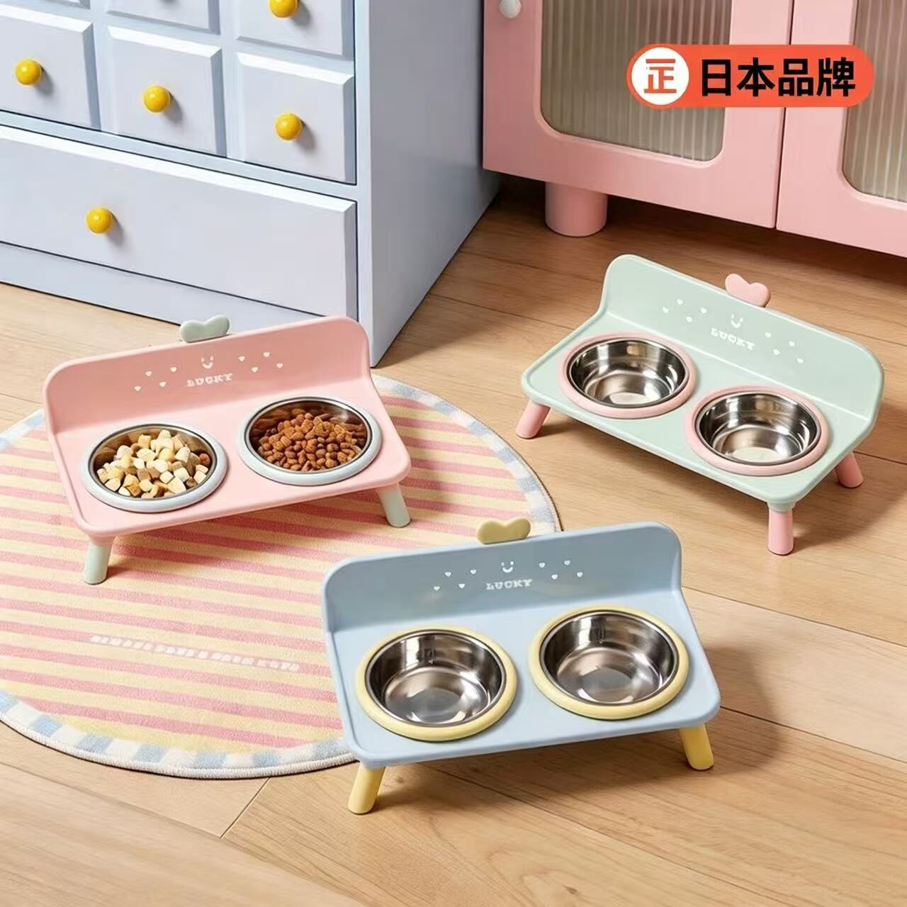 日本猫碗双碗不锈钢护颈宠物碗防打翻猫咪食盆狗碗高脚喂食碗