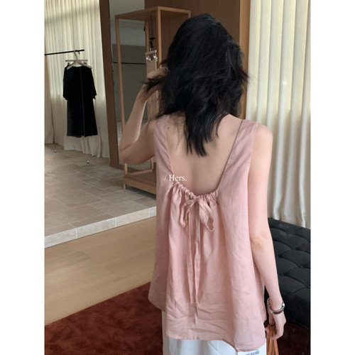 夏上新简约V领后背绑带无袖背心