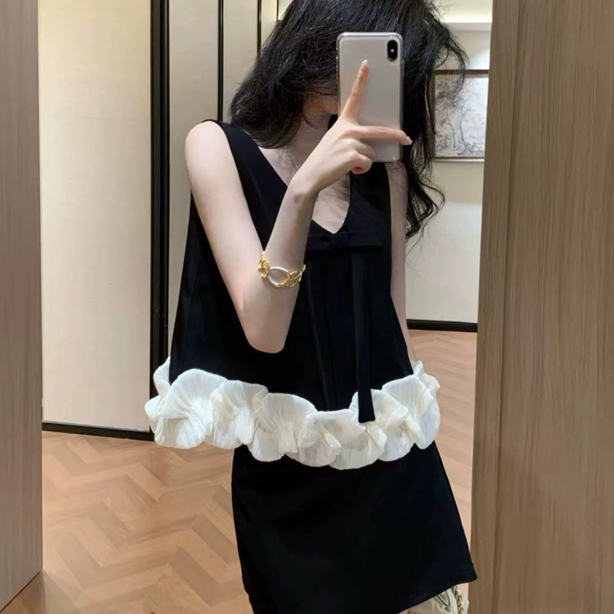黑色连衣裙巨好看撞色拼接短裙套装2026夏季新款小个子两件套女