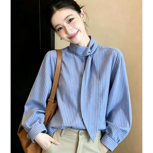 秋装大码韩国高级感蓝色条纹衬衫女长袖宽松洋气上衣潮