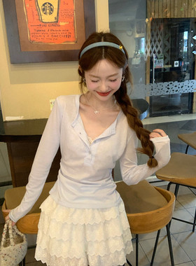 实拍防晒衣长袖t恤2026夏季潮纯色蕾丝短款修身圆领上衣韩版女装
