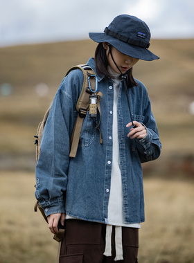 Mountain valley日系复古水洗宽松工装牛仔长袖衬衫 男女牛仔衬衣