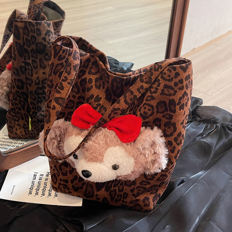 可爱豹纹包包女2025新款大容量休闲单肩包松弛感复古麂皮绒水桶包