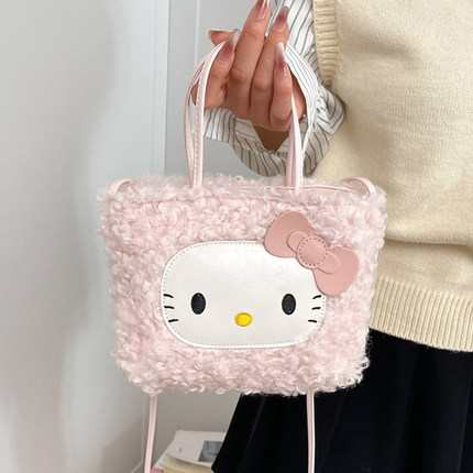 HelloKitty毛绒手提水桶包包女2025新款小众设计斜挎包可爱小拎包