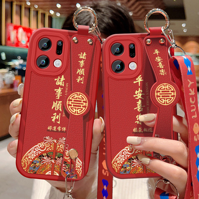 适用oppofindx9手机壳防摔Find X9Pro硅胶软边OPPO可斜挎腕带FindX9镜头全包边保护套中国风背带挂绳红色新款