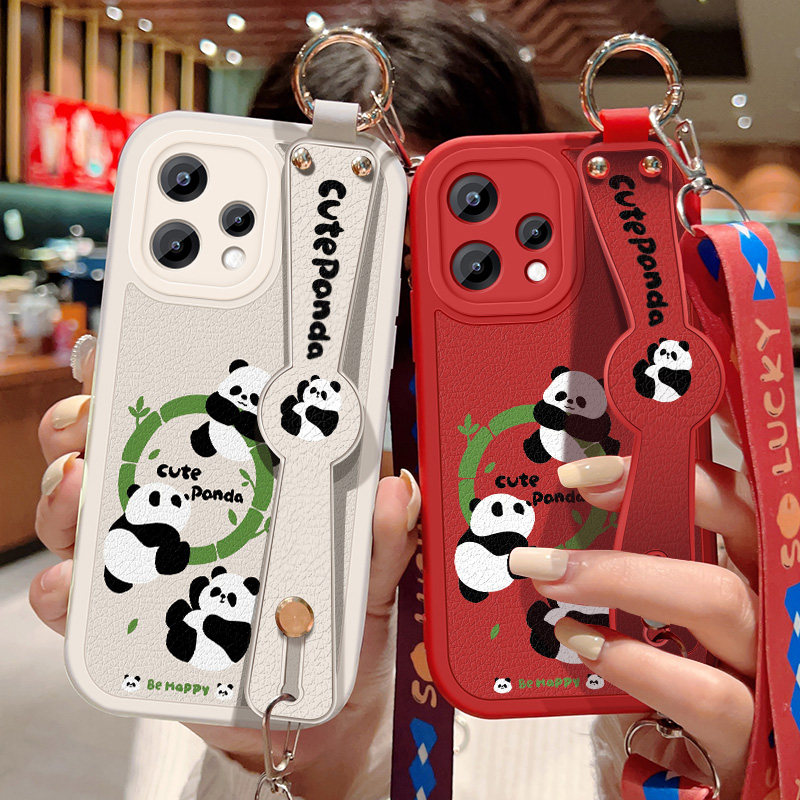适用opporeno15c手机壳Reno15C卡通熊猫保护套OPPO可斜挎腕带Reno15C硅胶防摔小羊皮软壳全包边背带挂绳新款