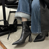 马丁靴 瘦瘦靴后拉链软皮粗跟时装 法式 尖头高跟短靴女2025秋冬新款