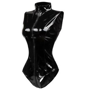 Tight sleeveless patent leather jumpsuit紧身无袖漆皮连体衣女
