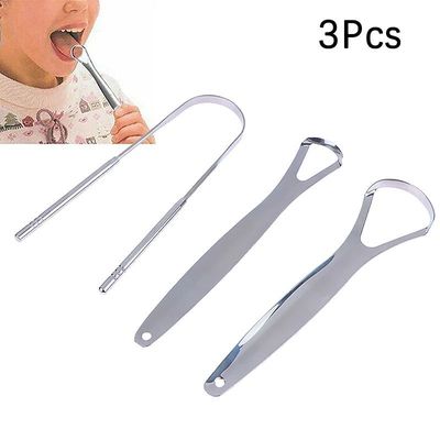 3 Pcs Stainless Steel Tongue Scraper Silver Metal Cleaner Ec