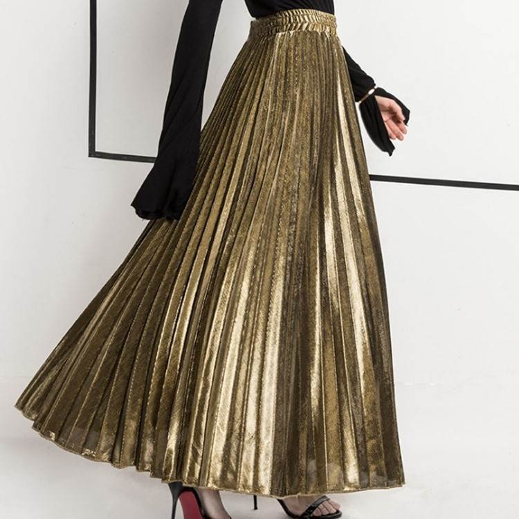 Rocking a golden beach dress 高腰大摆金色沙滩裙百褶半身长裙