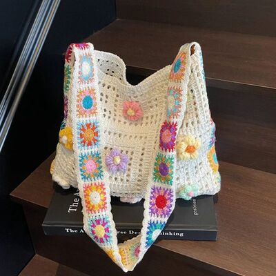 Women's Boho Crochet Bag Designer Flowers Knitted Handbags L