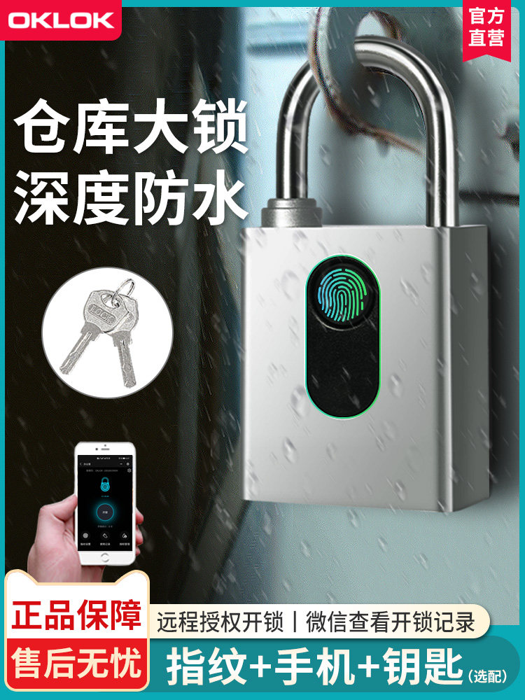 仓库门指纹挂锁室外防水家庭庭院铁门电子锁带钥匙智能密码锁