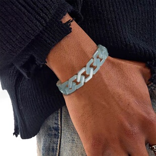 正品天然A货翡翠蓝水长菱形古巴链手链项链玉石钛钢嘻哈风格饰品