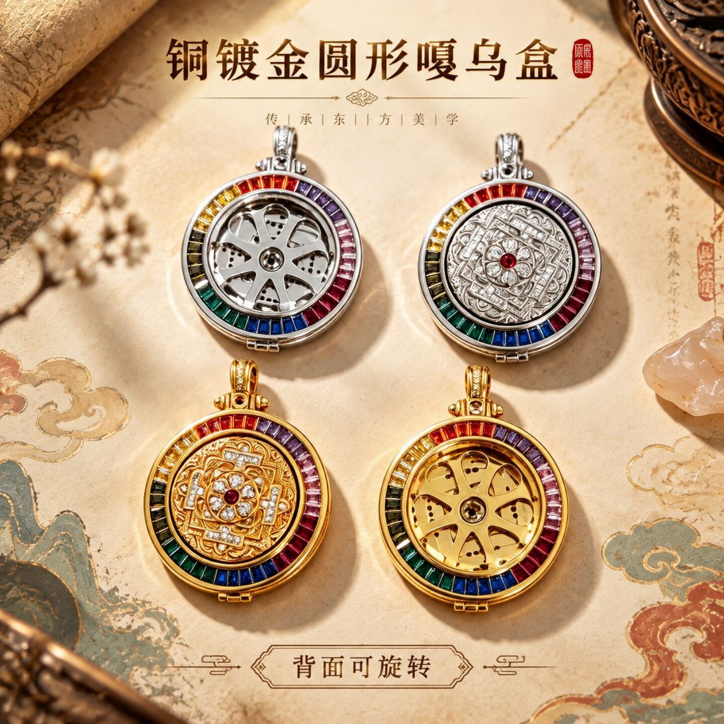 藏式圆形开合嘎乌盒彩宝镶边吊坠
