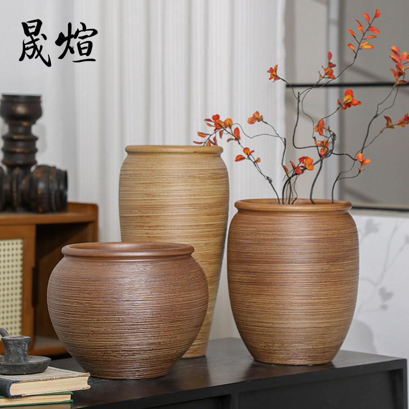 景德镇陶瓷插花中式拉丝客厅民宿摆件棕色简约花器干鲜花水培花瓶