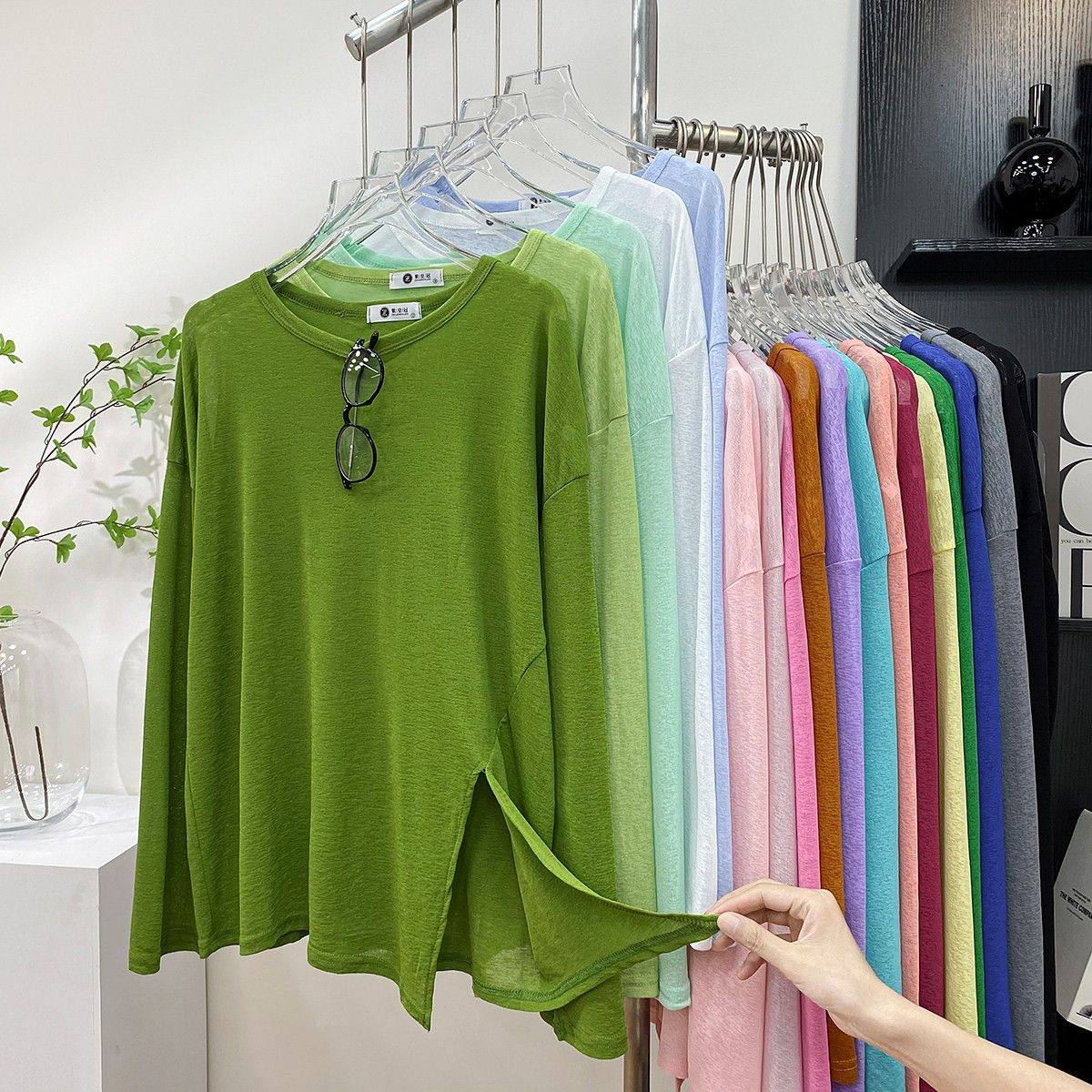 糖果色侧开叉冰丝麻长袖防晒T恤女夏薄外搭宽松慵懒空调罩衫上衣,女装/女士精品,时尚防晒服,淘宝优惠券,粉丝福利购,淘宝优惠卷