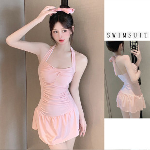 2026泳衣女款 甜美纯欲风泳衣泡温泉 连体吊带纯色保守显瘦修身