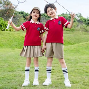 红色纯棉 中小学生校服夏季 英伦风班服园服幼儿园老师短袖 长裤 套装